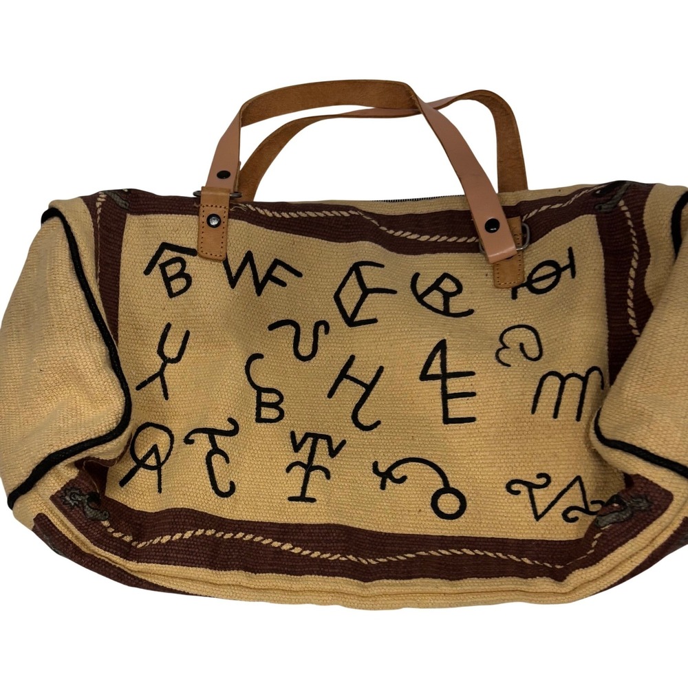 Western Cattle Brand Canvas Duffel Bag Brown Tan Leather Handle Travel Weekender - Picture 2 of 3